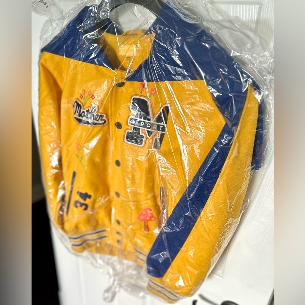 RARE MOTHER Split Hood Varsity Jacket Embroidered Yellow NWT In Orig. Packaging - Picture 6 of 16
